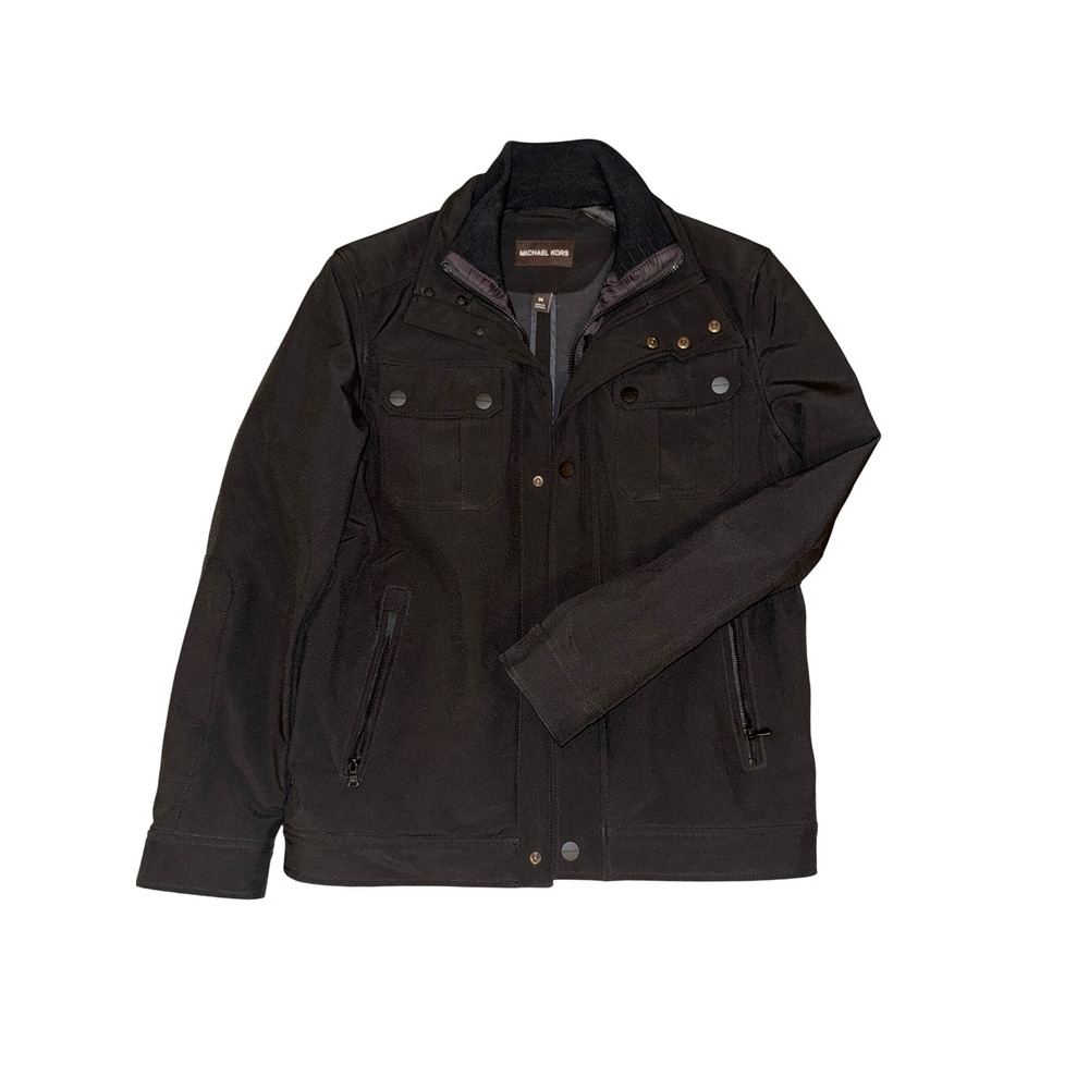 Michael Kors Mens Black Softshell Field Jacket Mock Neck Utility Coat Size M